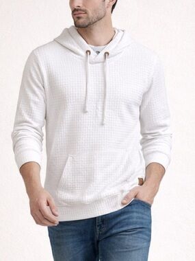 Men’s White Waffle Hoodie Slim Fit – Textured Long Sleeve Top M Slim